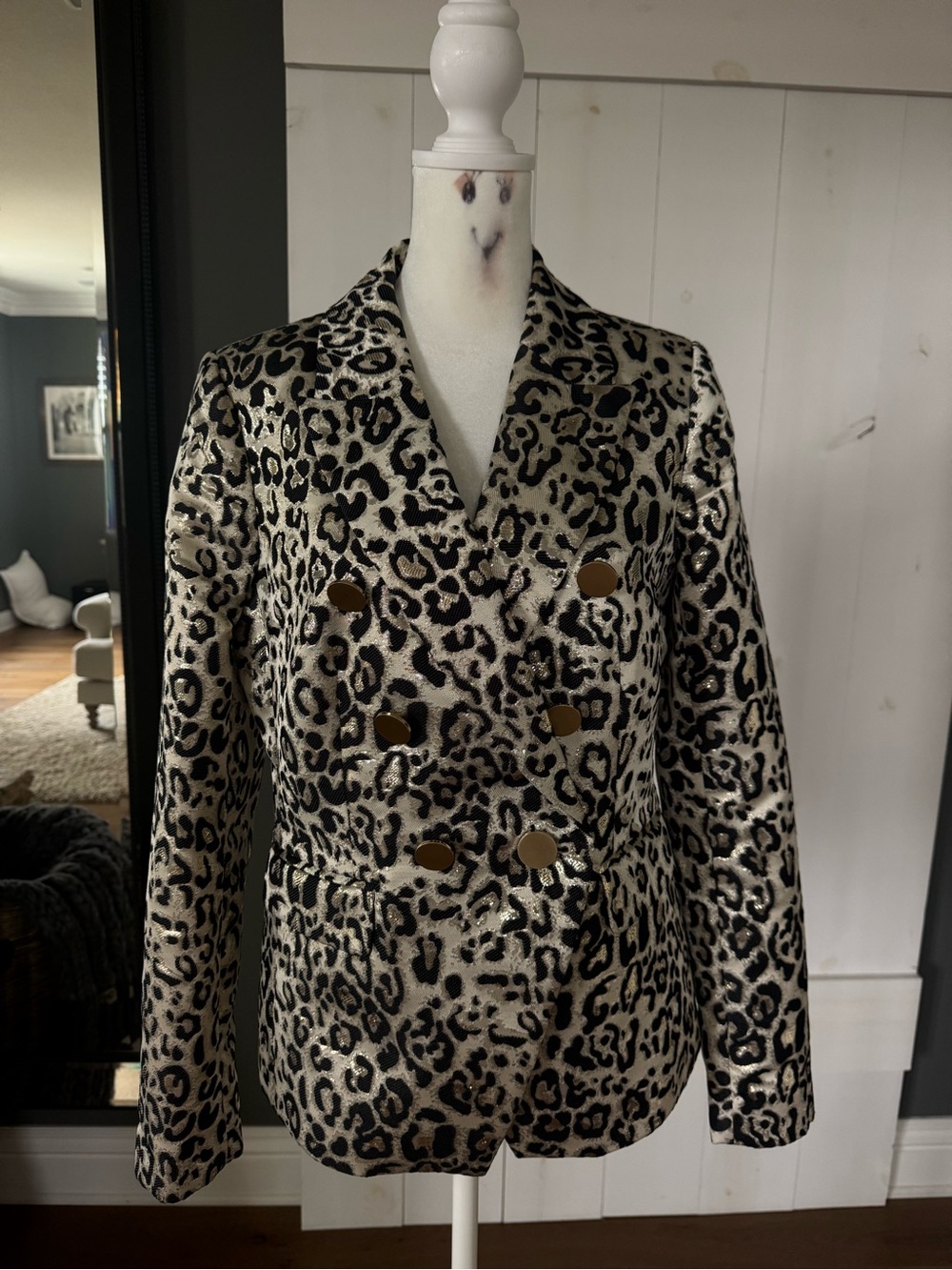 Rachel Parcell Metallic Leopard Double-Breasted Blazer - Black & Cream